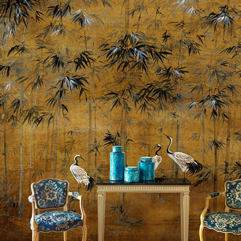 Custom Wallpaper Mural Bamboo Leaf and Cranes